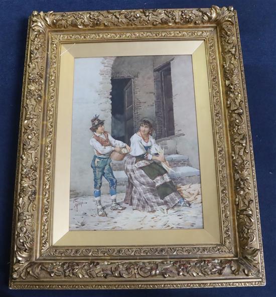 Filippo Indoni (1842-1908) Woman and boy husking corn 21 x 14.75in.